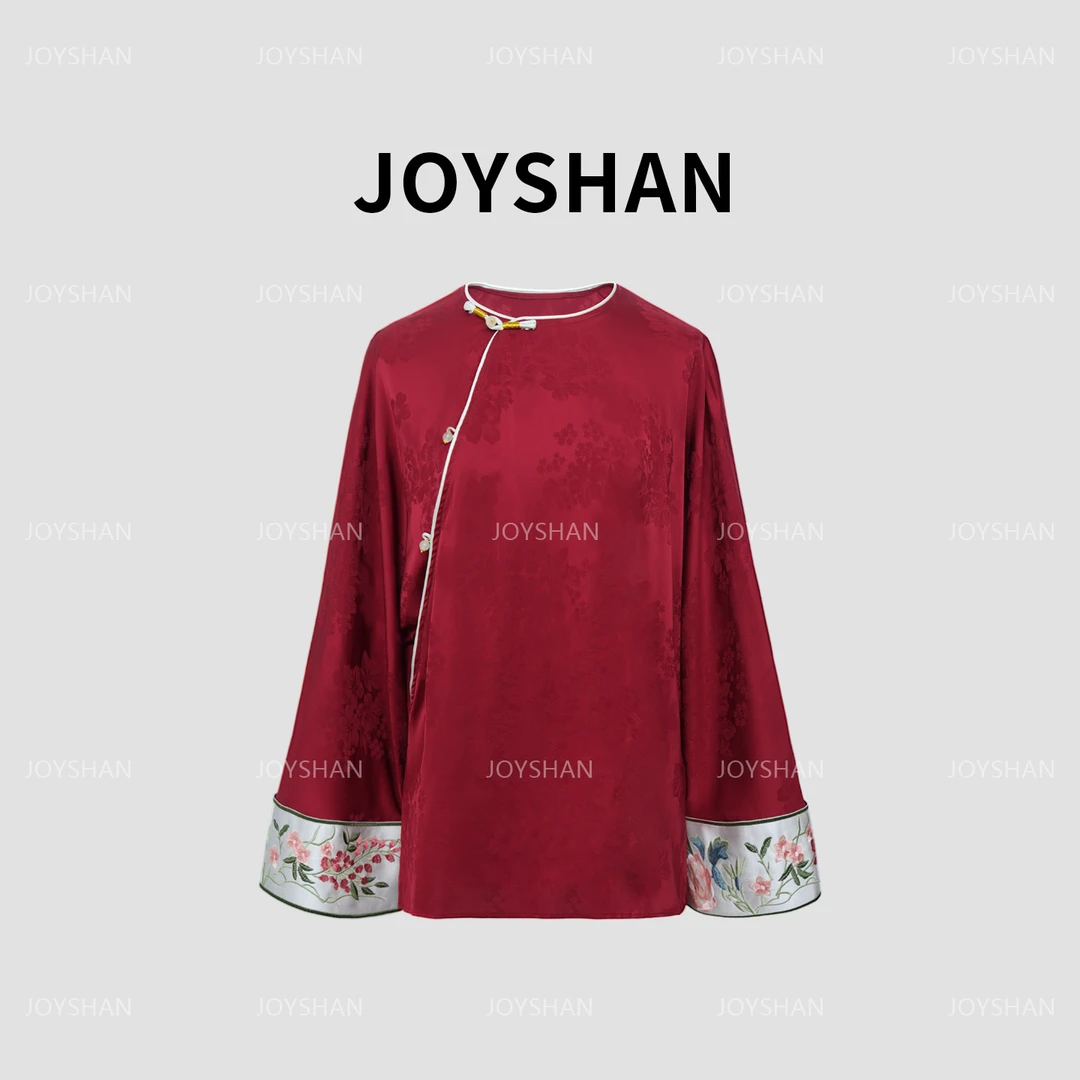 JOY SHAN-2025秋款新款红色 ( 繁花 ) 斜襟圆领桑蚕丝上衣