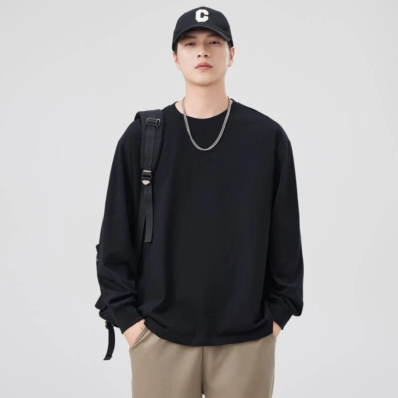 春秋季新款男卫衣纯棉圆领宽松印花重磅长袖T恤男内外穿搭打底衫