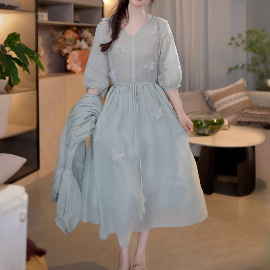 优雅淑女温柔风中长裙女2025夏季新款时尚轻薄显瘦蝴蝶拼接连衣裙