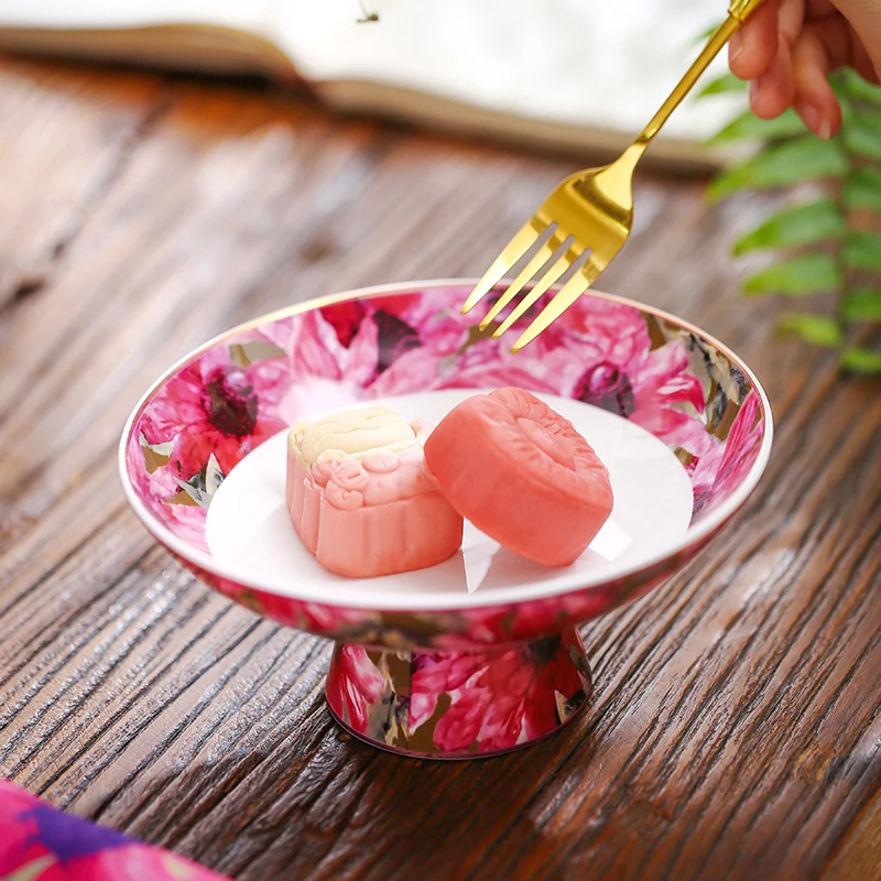 一抹青绿水果碗精致漂亮轻奢高级感家用陶瓷高脚果盘甜品碗糕点碗