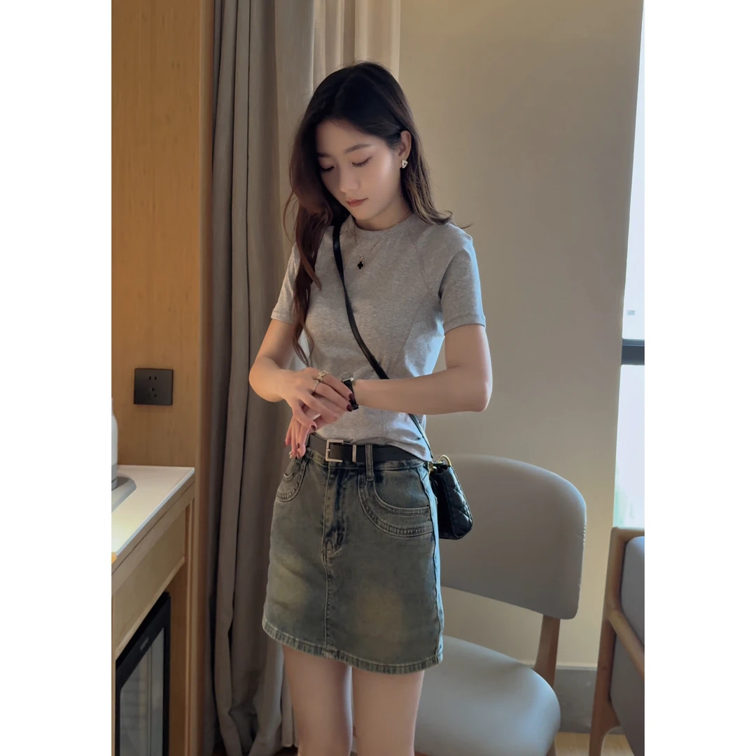 插肩短袖t桖2025新款爆款夏季半袖修身小个子短款上衣+高腰牛仔裙