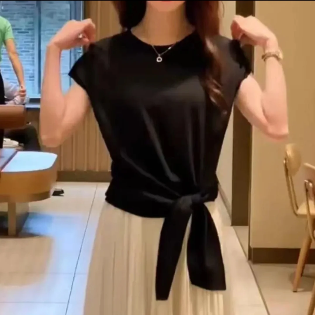 黑色设计感洋气绑带上衣薄款短袖2025夏季女装气质针织衫圆领T恤