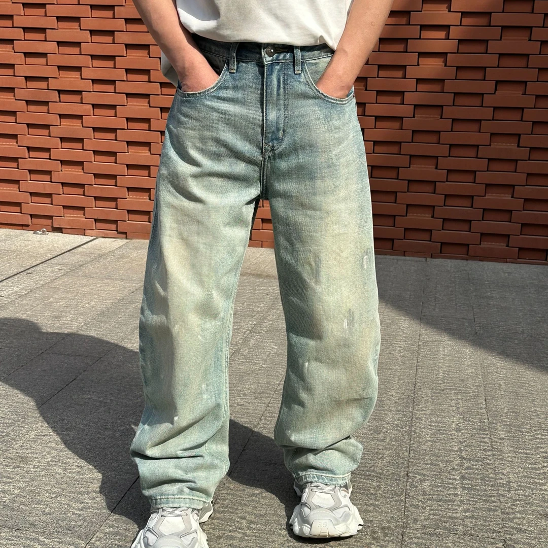 宽松弯刀直筒夏季美式男士轧染潮流时尚高街涂鸦复古蓝色牛仔裤