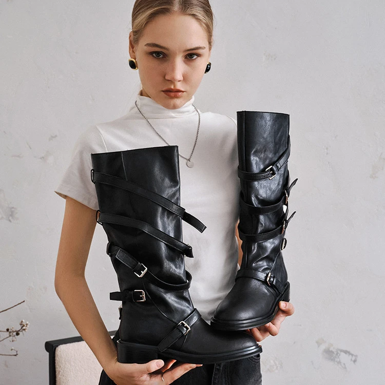 4cm增高厚底裤管靴子女秋季骑士靴长筒靴粗跟扣带机车靴