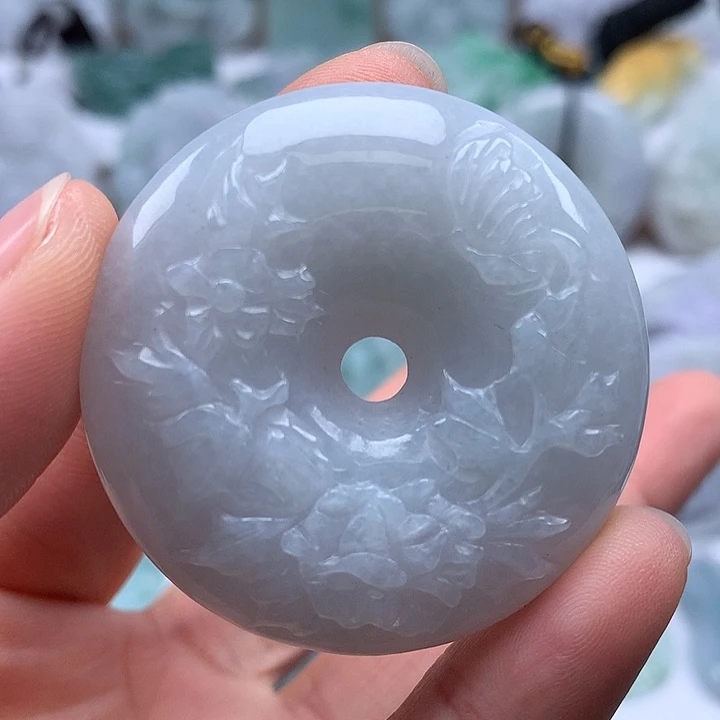 翡翠未镶嵌颈饰花开富贵平安扣两面工艺卡厚装12+