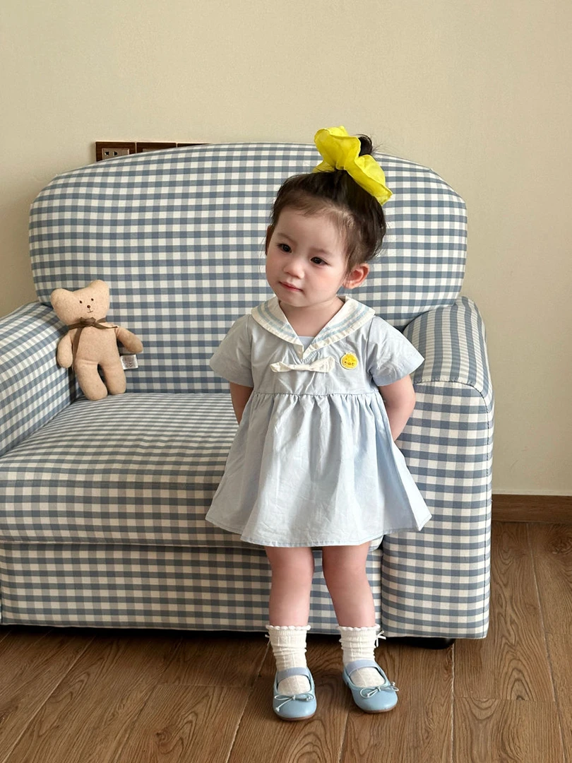 女童连衣裙小女孩夏季新款漂亮夏裙宝宝可爱海军风卡通短袖裙子