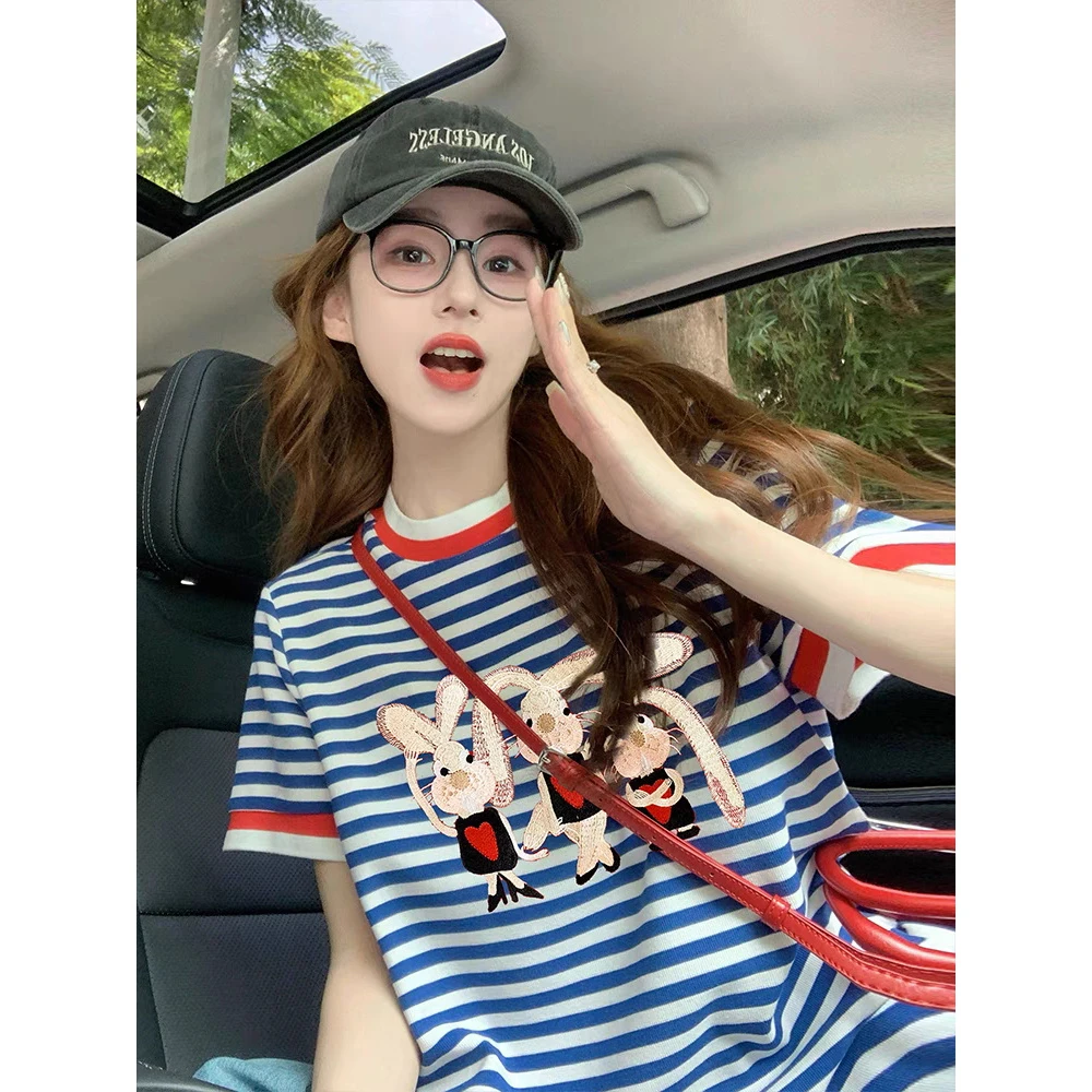 卡通兔子印花撞色印花短袖T恤女2025夏季新款时尚宽松百搭上衣女