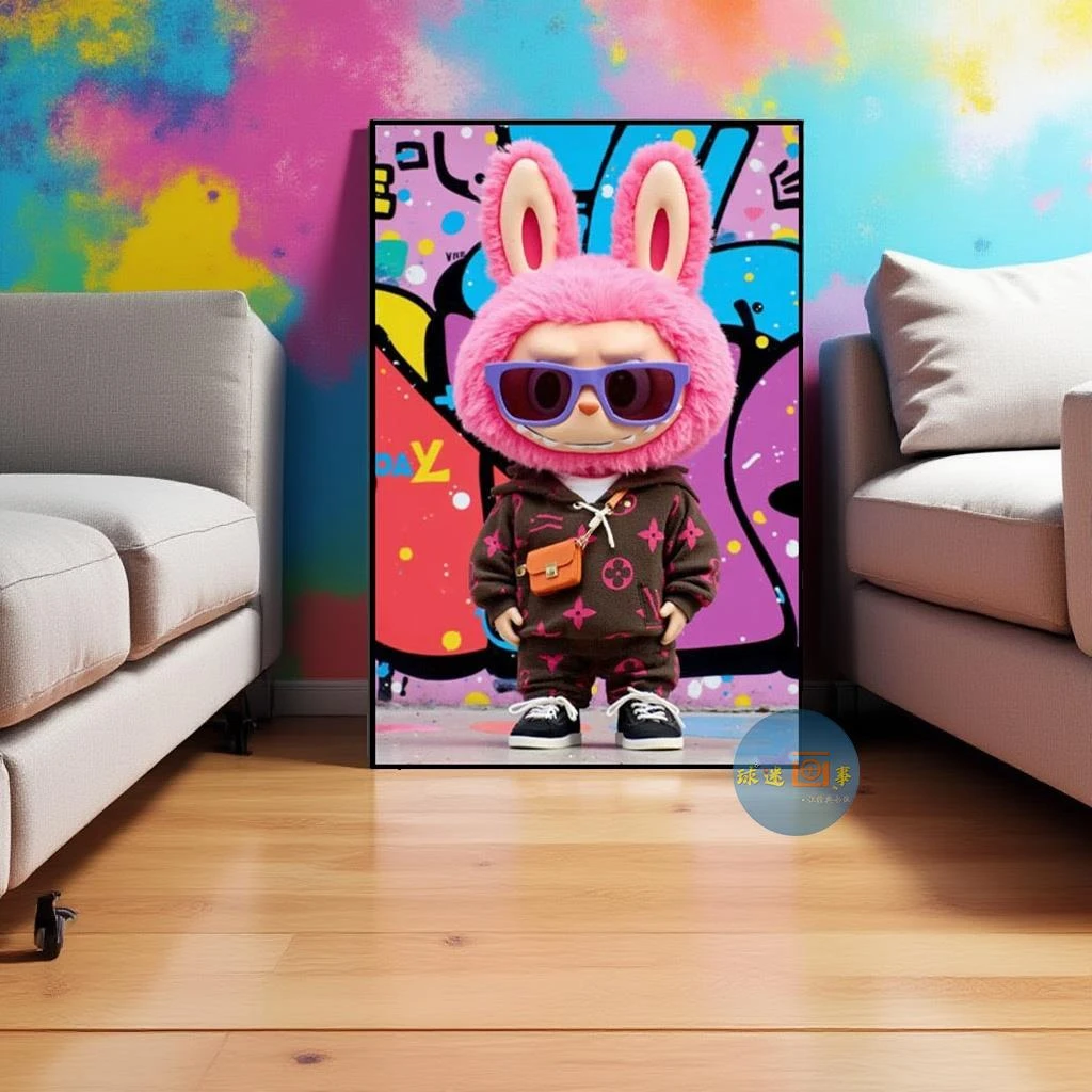 拉布布labubu装饰画客厅挂画卧室壁画泡泡玛特搪胶毛绒公仔壁画