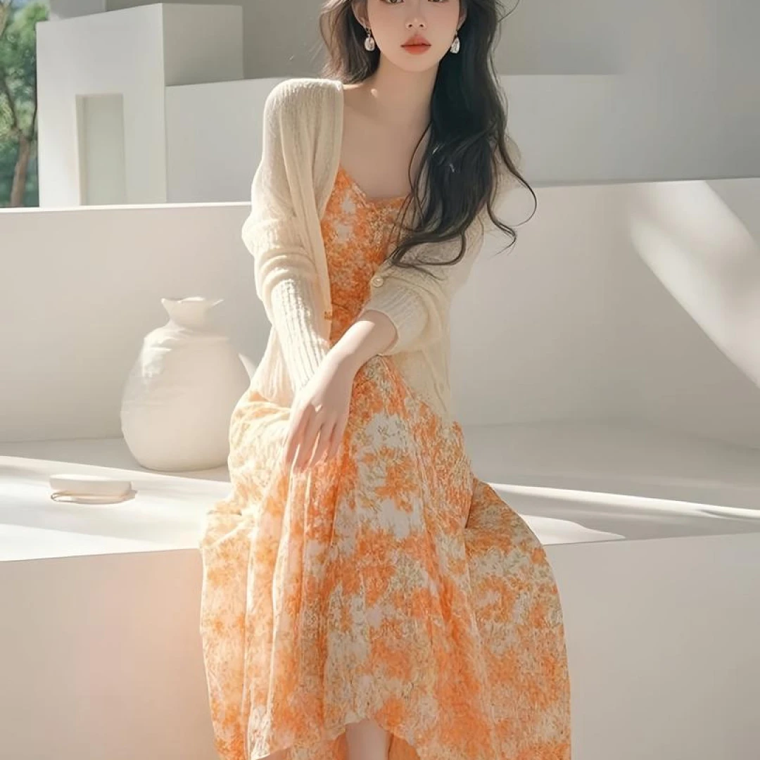 2025超火春装一套森系桔梗橘色碎花连衣裙超好看温柔独特减龄套装