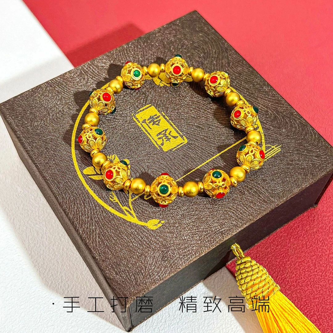 铜合金琉璃手链 新中式国潮风珐琅串珠鎏彩金手链手串花丝手链女