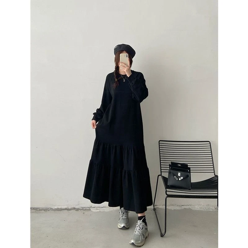 胖mm特大码300斤遮肚长袖鱼尾裙秋冬宽松显瘦拼接赫本风连衣裙ins