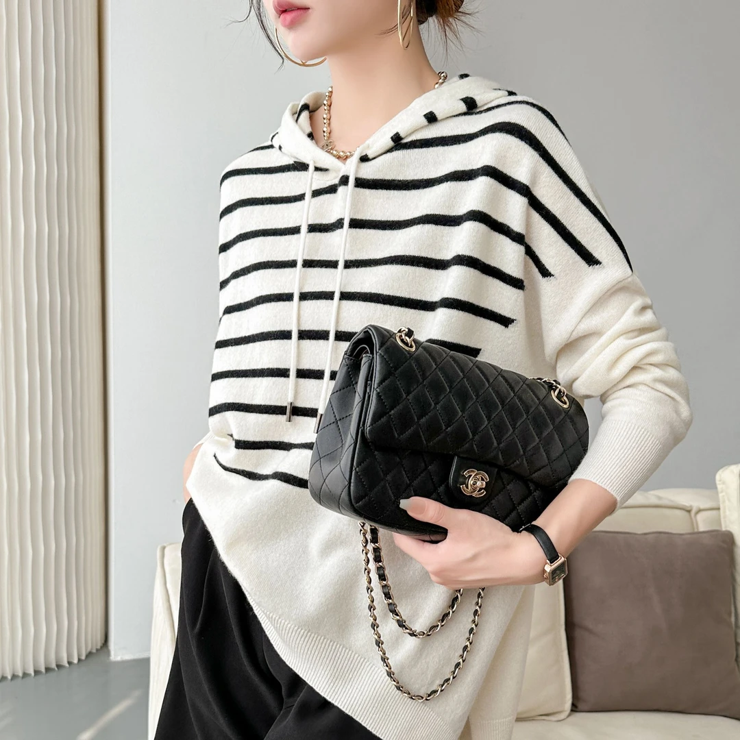 春秋新款宽松慵懒风条纹连帽套头针织衫短款上衣