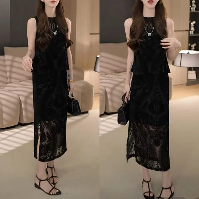 （有运费险）夏季新款时尚高级感法式轻奢复古休闲气质裙子两件套女