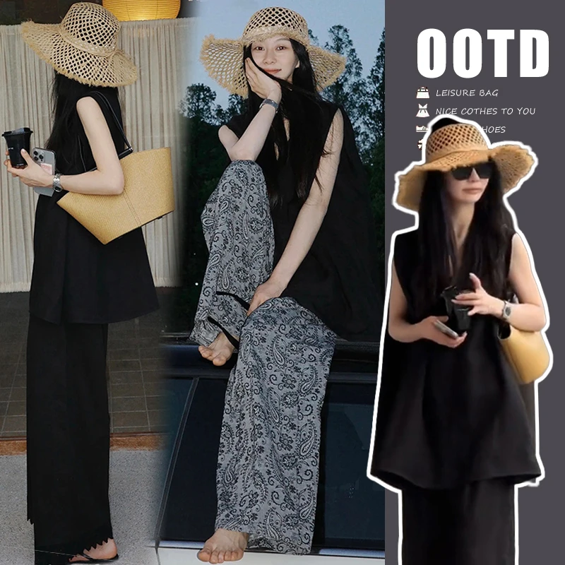 【Liner】大码时尚洋气气质显瘦简约高级感宽肩上衣+碎花裤纯色裤