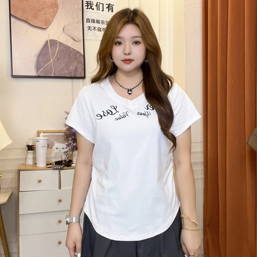 2025夏季新款胖mm大码港风字母印花V领短袖T恤修身收腰显瘦上衣
