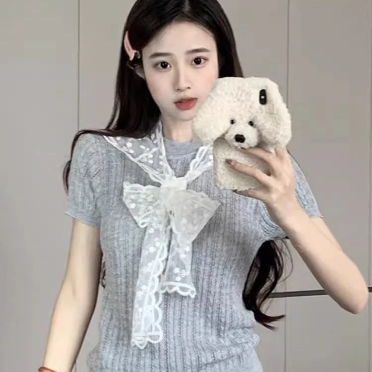 2025灰色配蕾丝披肩针织衫短袖t恤女夏季小个子短款正肩上衣