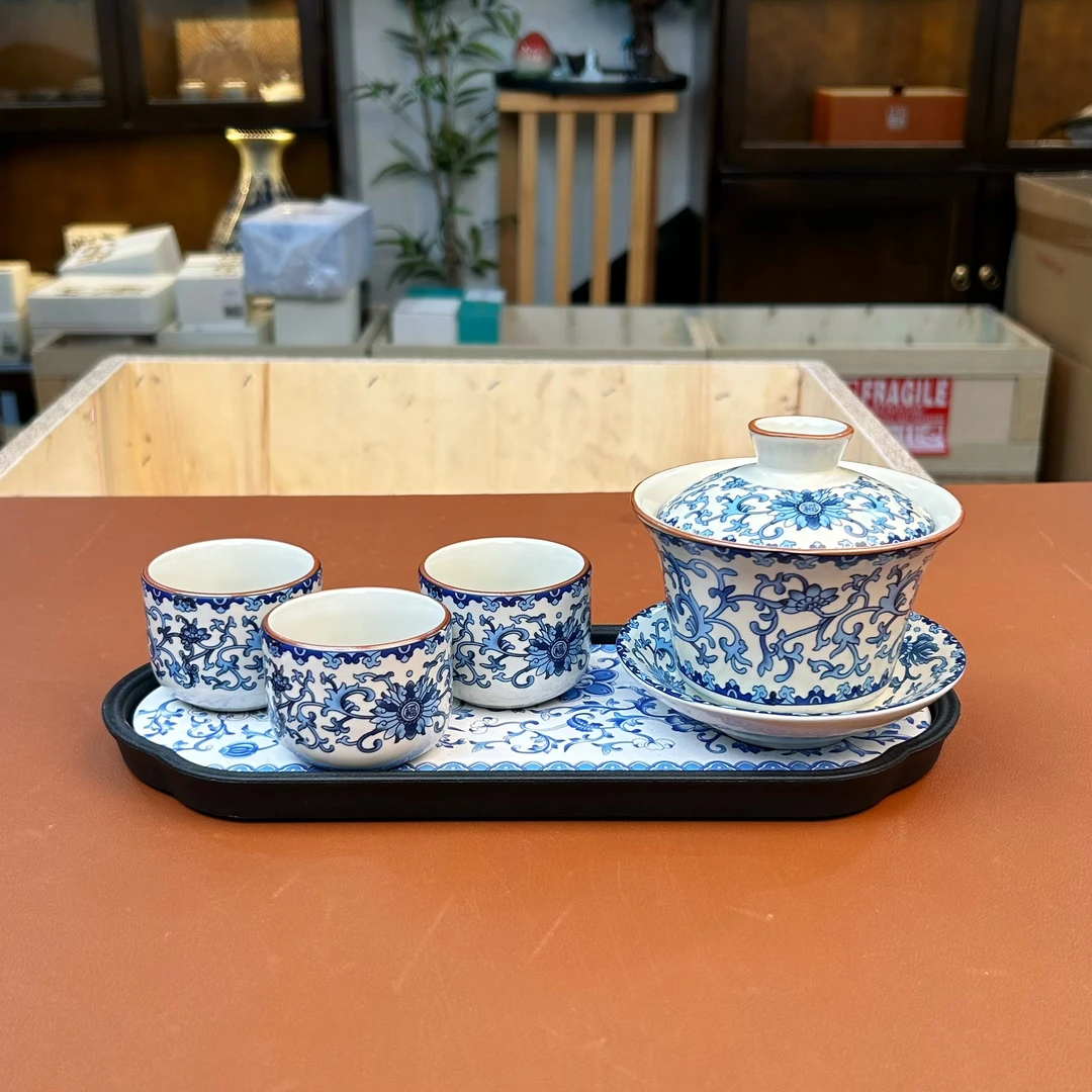 ZH4249-青花缠枝莲汝窑盖碗+三杯+茶盘