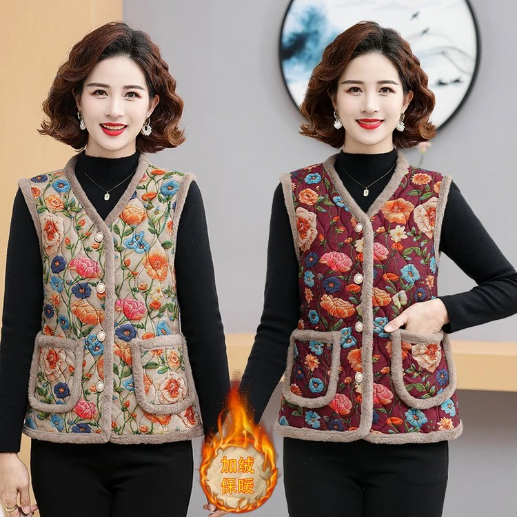 时尚妈妈秋冬马甲女花色加绒背心外套老年人新款洋气坎肩无袖马夹