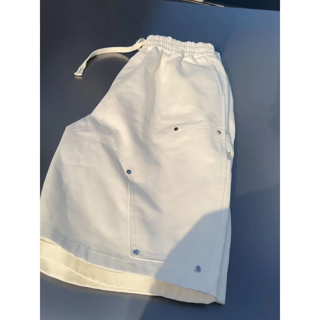 美式高街柳钉白色短裤男夏季薄款休闲伐木工装裤子直筒牛仔五分裤