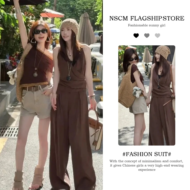 NSCM夏季百搭老钱风女装辣妹斜肩上衣背心高腰短裤宽松阔腿长裤