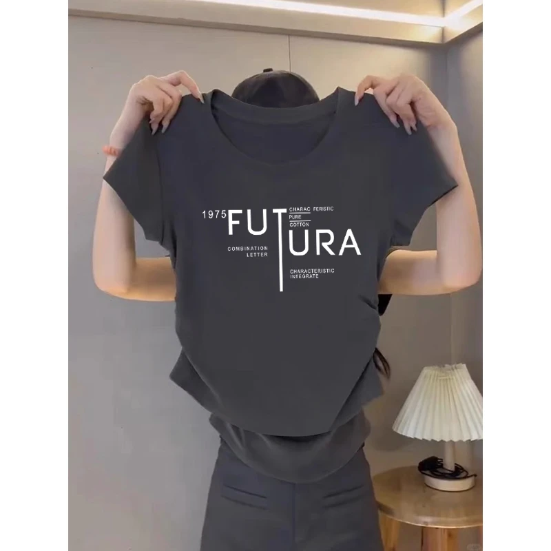 不规则褶皱圆领短袖t恤女夏季设计感修身短款小个子正肩体恤上衣