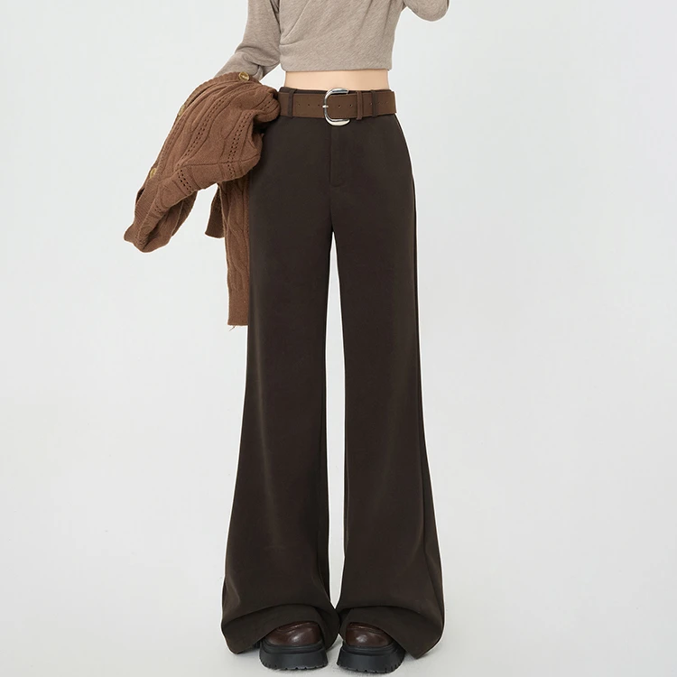 秋冬天加厚毛呢阔腿微喇裤女棕咖色不贴腿直筒西装喇叭裤高腰显瘦