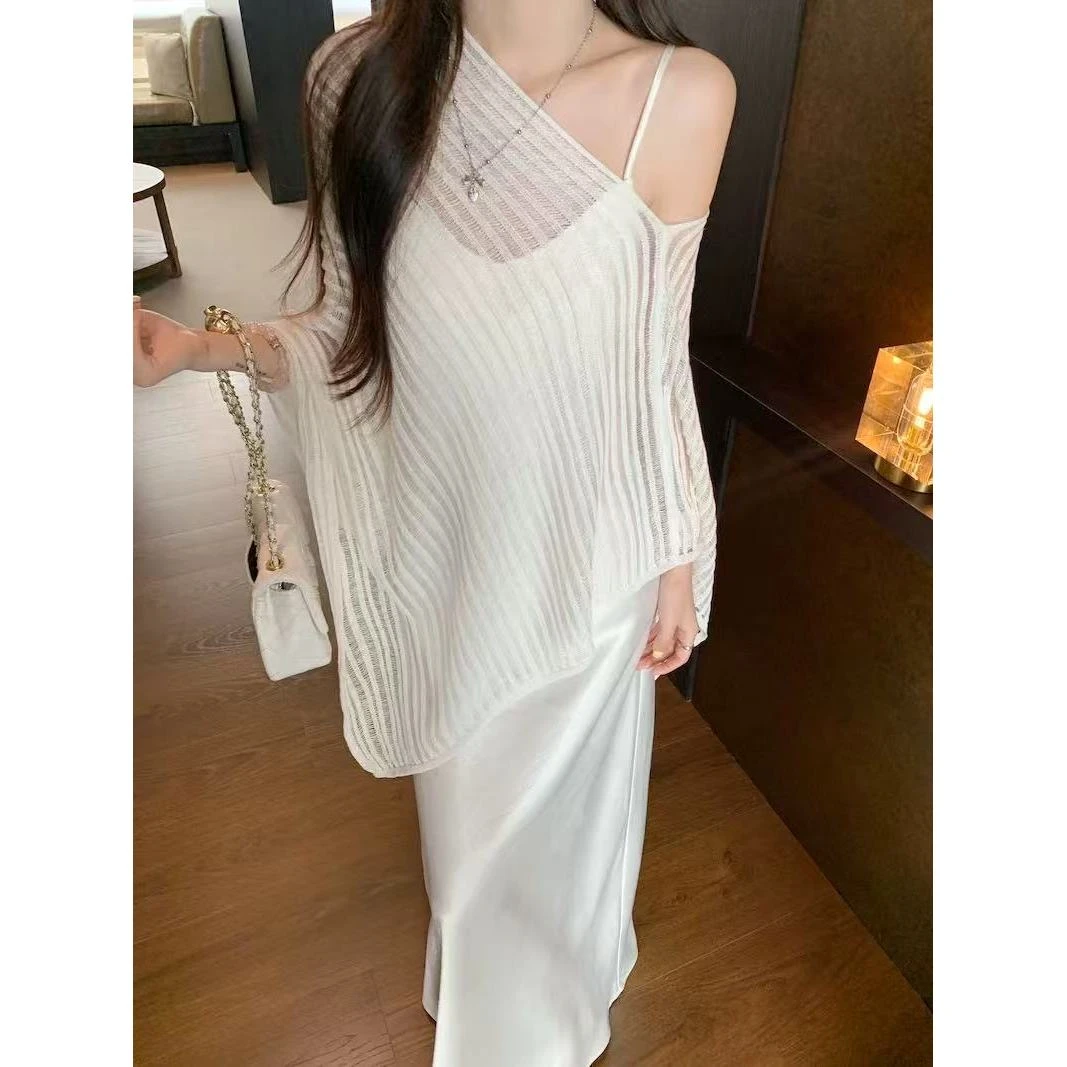 伊宝贝家高级感醋酸吊带连衣裙+罩衫2523
