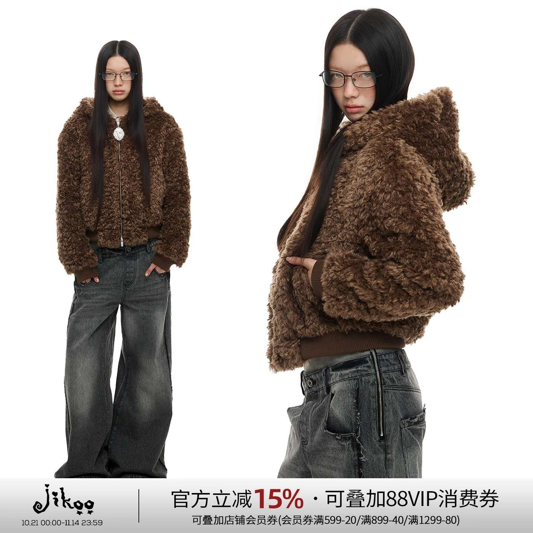 JIKOO尤利西的晚餐仿羊毛保暖气质女冬加厚连帽短款毛毛外套