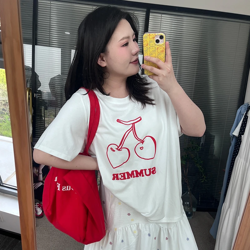 【现】微胖MM宽松纯欲慵懒风甜美日常百搭爱心果发泡短袖T恤  5898