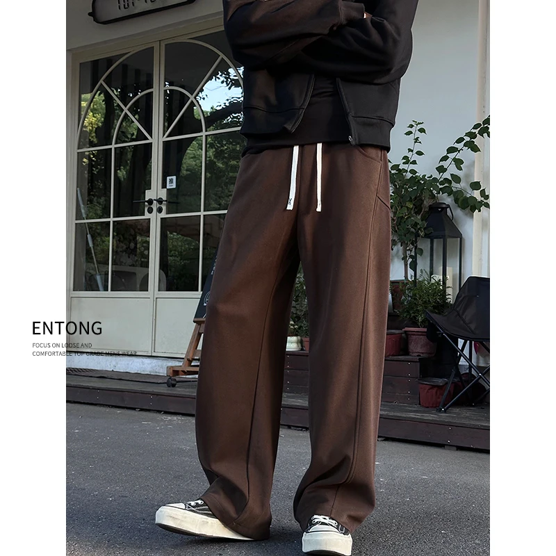 Entong美式潮牌复古抽绳卫裤男款宽松垂感直筒休闲裤纯色百搭长裤