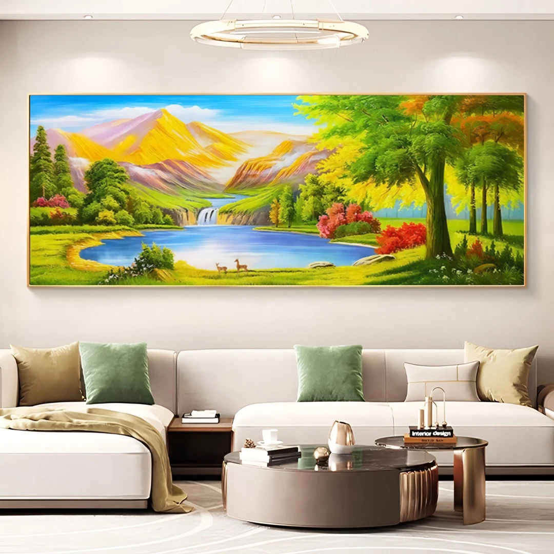 富水金山客厅招财聚宝盆装饰挂画沙发背景墙山水大气墙壁晶瓷装饰