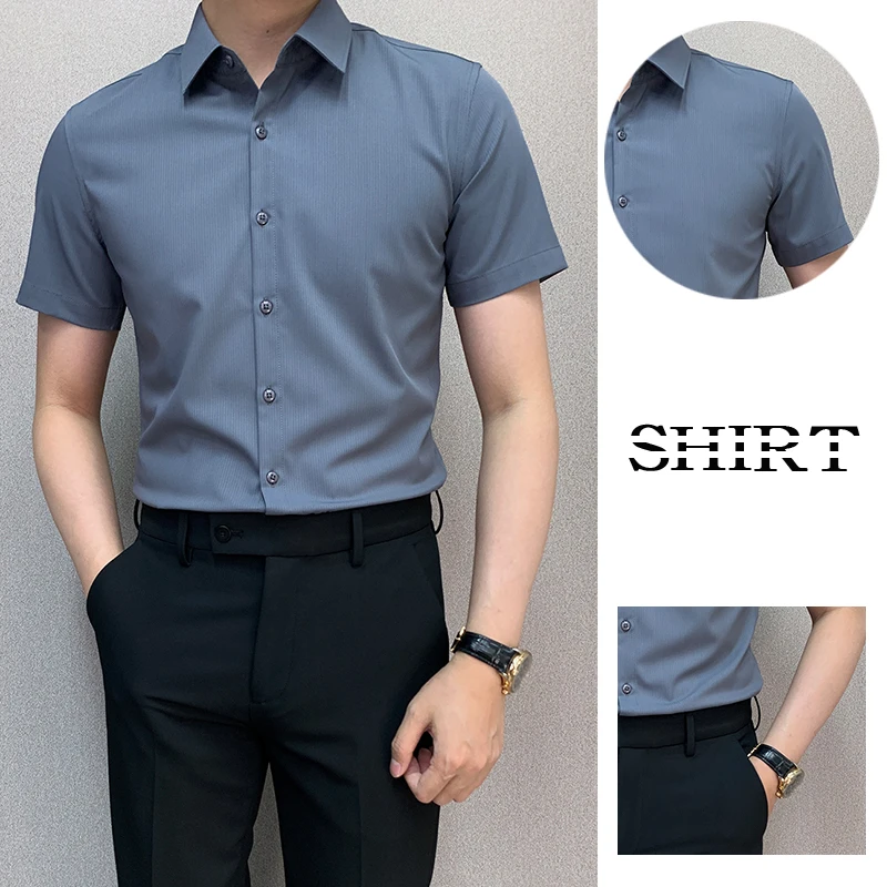 ZP0089#修身免烫2025轻奢气质休闲男士绅士灰净版暗纹短袖衬衣