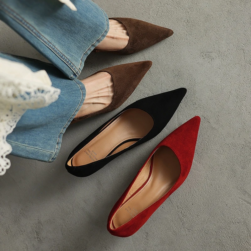 超百搭~春秋季法式浅口小猫跟单鞋女磨砂羊皮通勤尖头气质高跟鞋