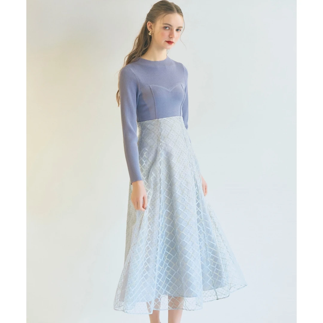 【DD外贸】春季新款 N 百搭半高领针织拼接时尚圆领薄纱连衣裙