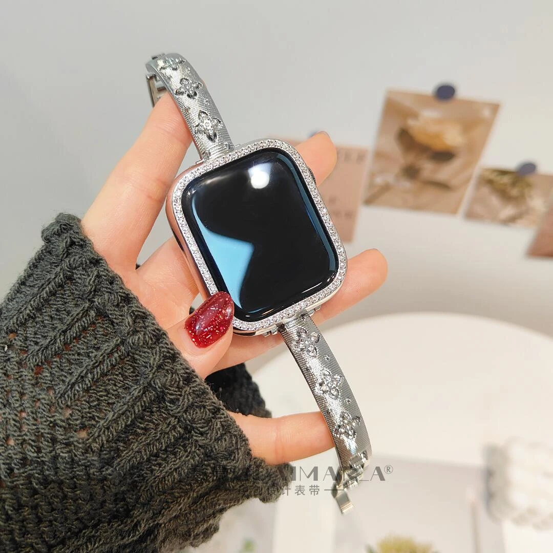 适用appleiwatch苹果S10四钻花手镯手链款表带夏天替换小米9pro