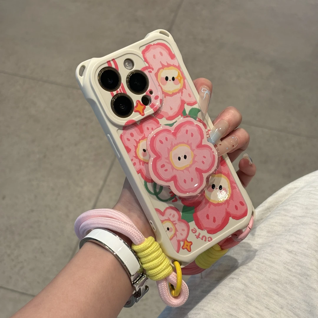 粉色花朵支架适用苹果16四角挂绳手机壳华为oppo小米vivo硅胶个性