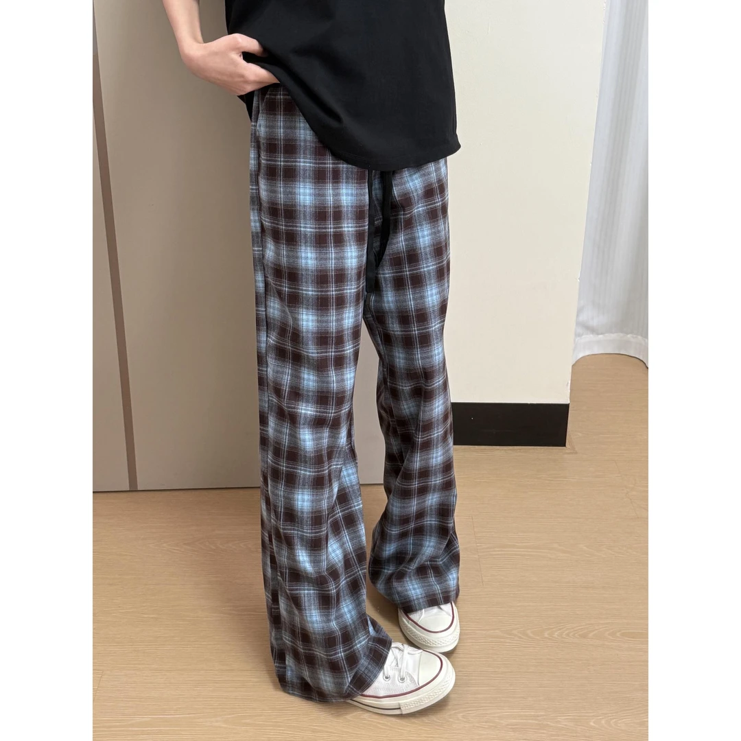 cleanfit咖啡色格子裤男夏薄款松弛感慵懒格纹裤子宽松微喇直筒裤