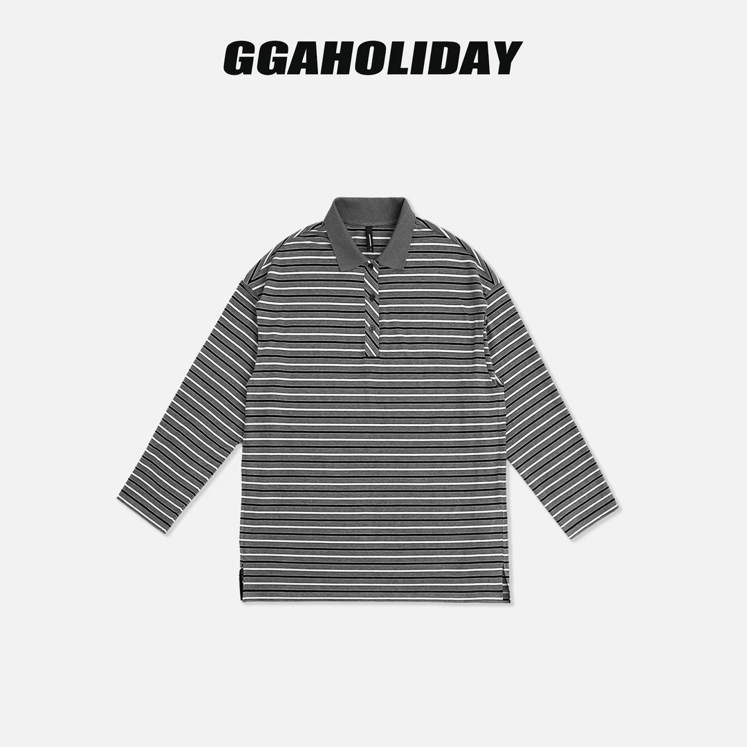 GGAHOLIDAY时尚休闲百搭宽松简约复古长袖T恤条纹POLO衫-154080