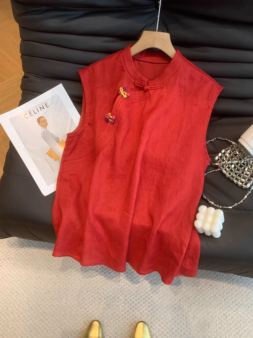 中国风时尚洋气新中式彩色盘扣无袖背心女2025夏季气质马甲小上衣