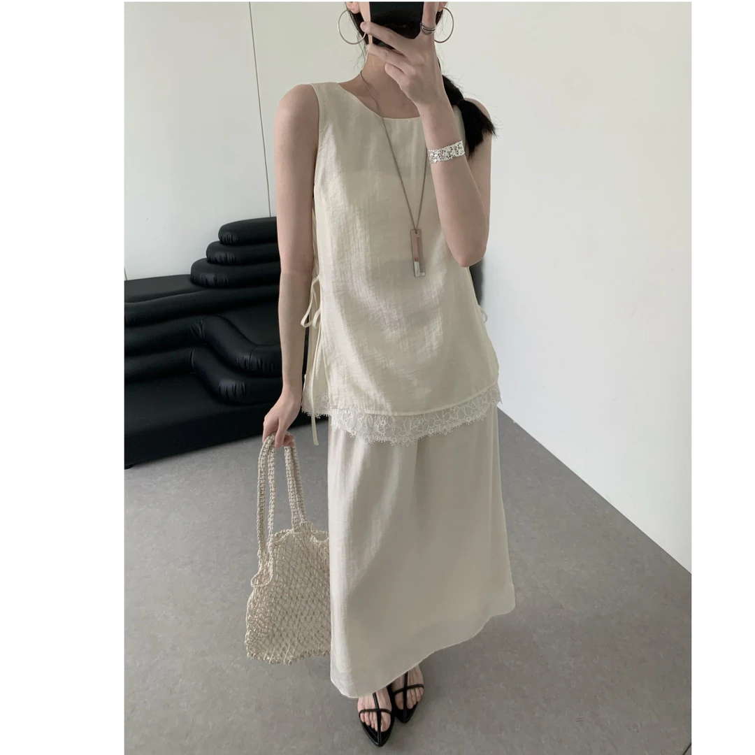 Pada嘻&EN【懒人最爱】韩系甜美 无袖拼接蕾丝套装 399 Hi Fortune