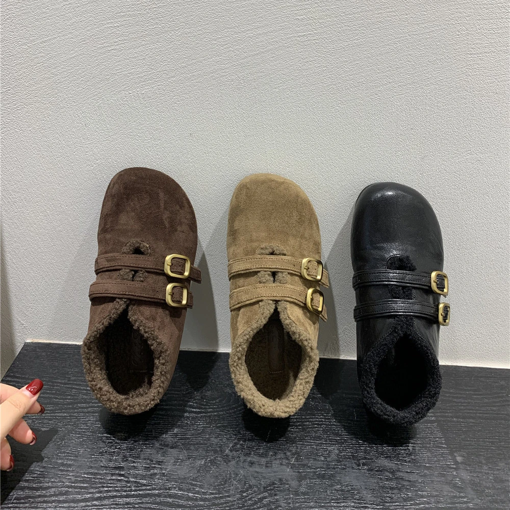 平底加绒乐福鞋子女秋冬毛毛鞋保暖加厚棉鞋黑色单鞋软底女鞋1