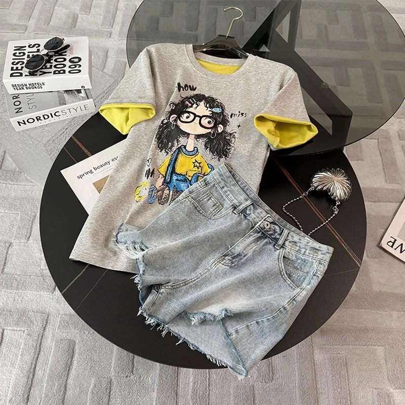 慵懒风休闲运动套装女夏新款百搭圆领短袖印花T恤牛仔短裤两件套