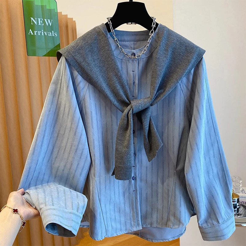 韩系减龄披肩条纹衬衫上衣两件套女装春秋新款大码宽松小衫百搭潮