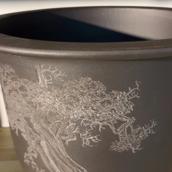 赵***建花盆紫砂 全手工石黄收藏刻绘