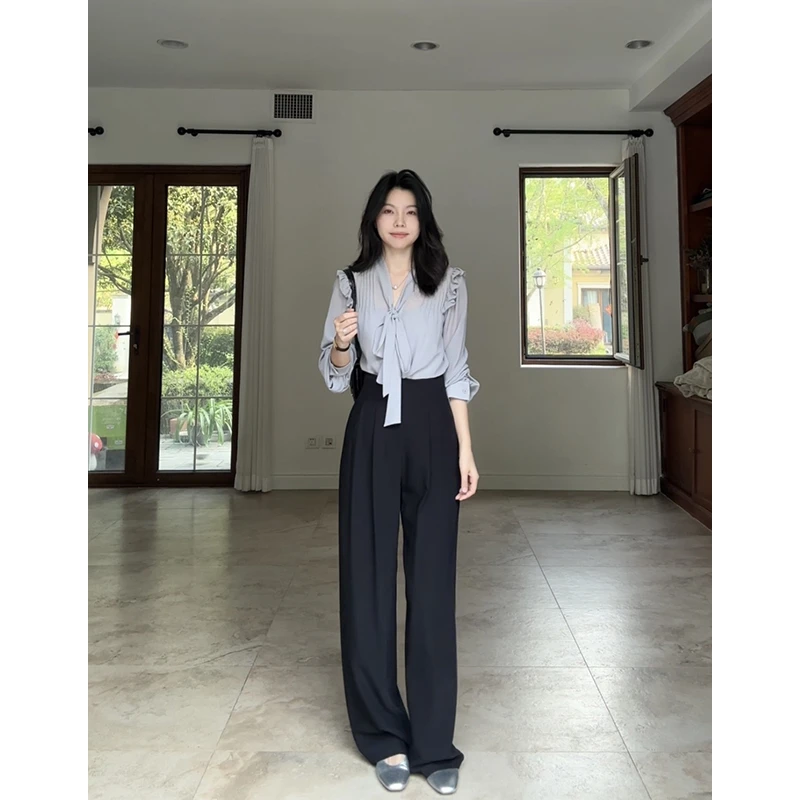 郭九九呢 气质飘带荷叶边衬衫上衣直筒高腰西装长裤 G925A02565-1