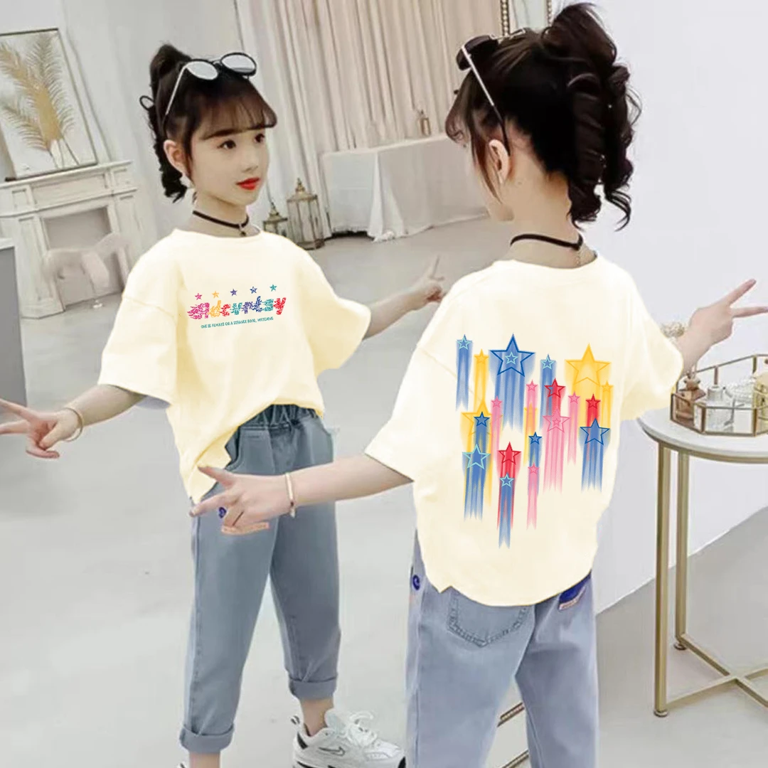 儿童白t恤夏季纯棉洋气宽松女孩短袖休闲中大童印花女童韩版上衣