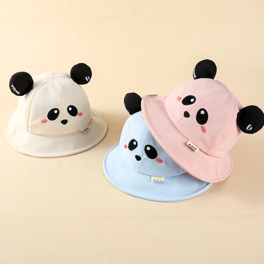 春秋款儿童渔夫帽 婴幼儿遮阳帽男女童盆帽熊猫耳朵宝宝帽子透气
