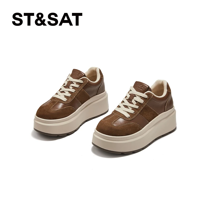 星期六加绒百搭复古舒适透气防滑厚底拼色系带圆头时尚运动休闲鞋