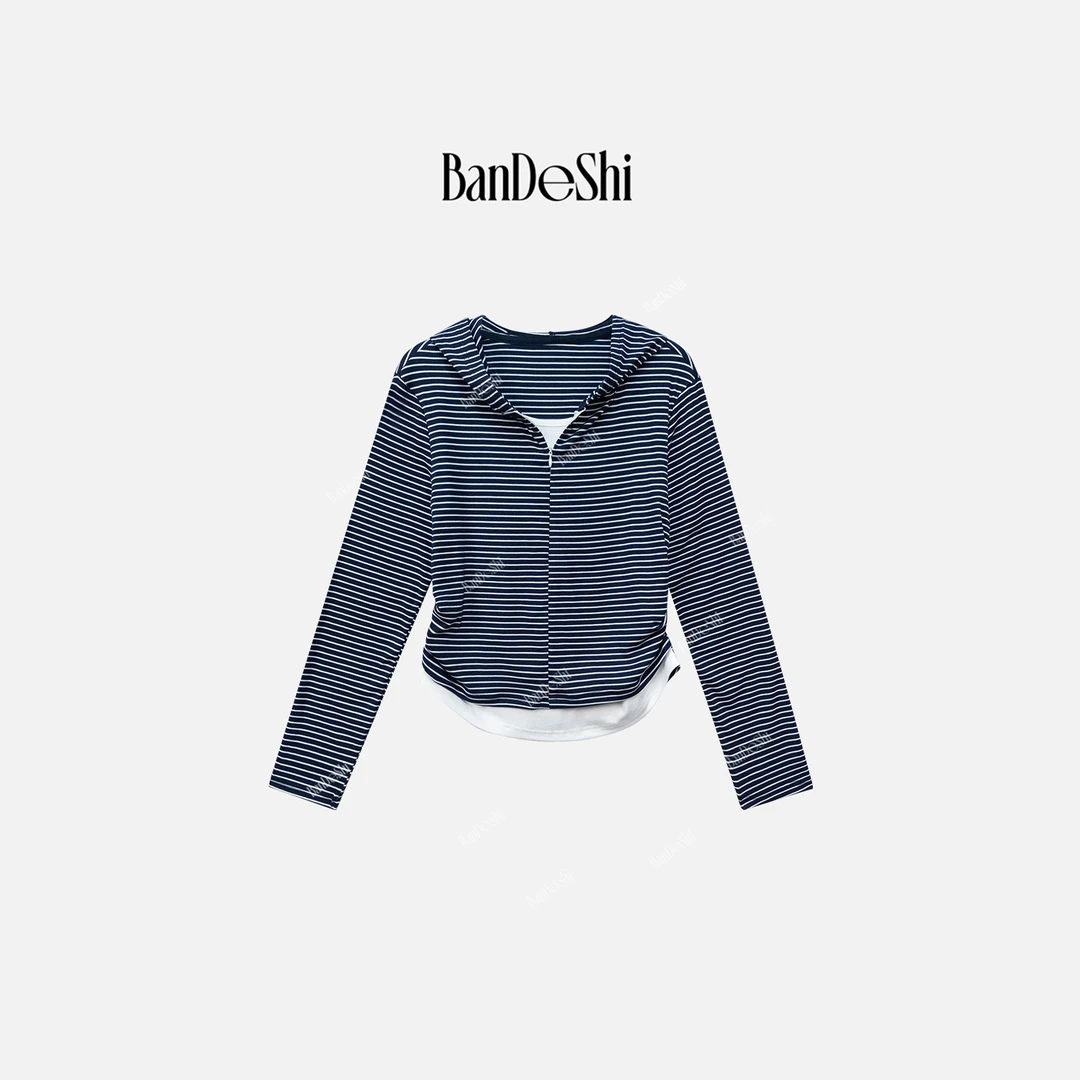 【C3404】班德施-撞色拼接假两件条纹长袖修身显瘦打底衫上衣-SS