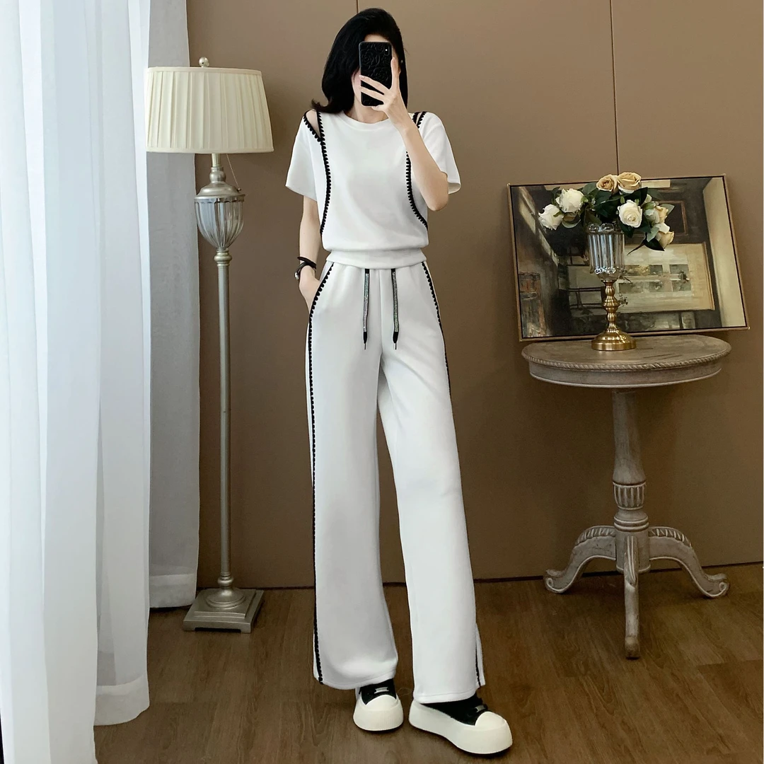 2025夏季新款休闲套装女时尚显瘦气质洋气露肩短袖阔腿裤两件套潮